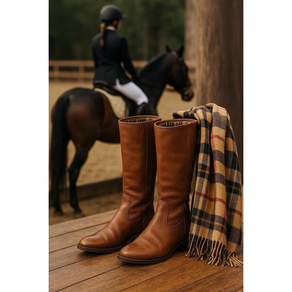 Santana Canada Brown Leather Riding Boots Womens 7 Plaid Lined‎ Tall Equestrian